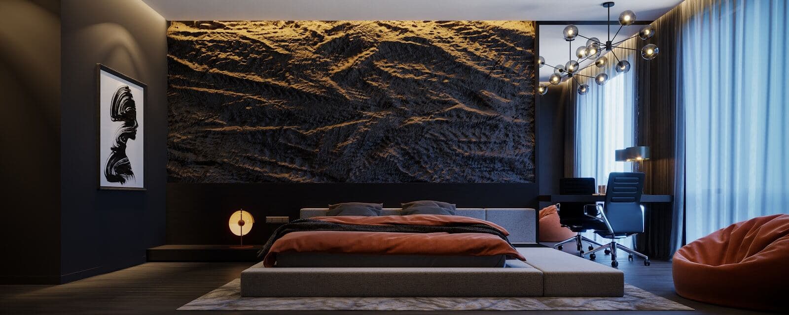 Panoramic bedroom with a sculpted stone wall in low light
