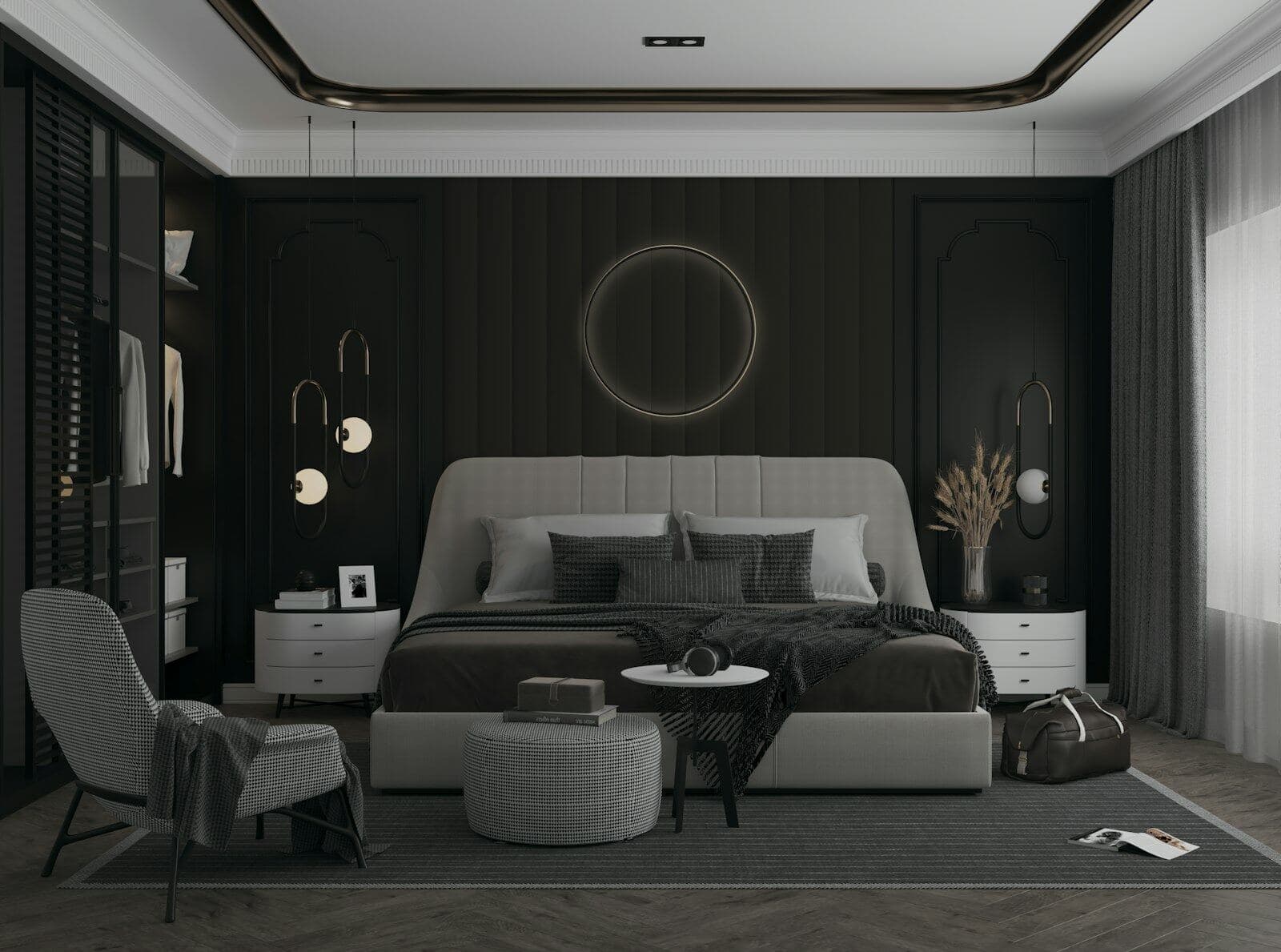 Dark panelled bedroom with layered lamps and a round mirror